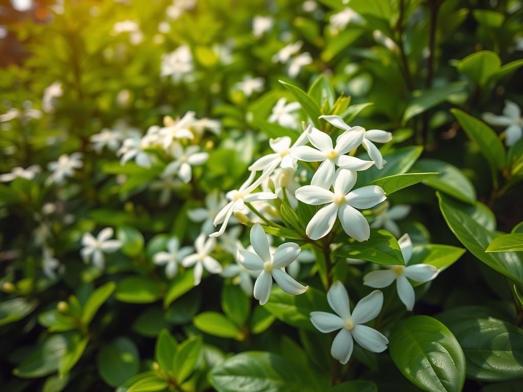 Lush, verdant garden scene with jasmine plants in full bloom. Close-up view of the fragrant white flowers against a backdrop of glossy green leaves. Soft, natural lighting creates a warm, soothing atmosphere. Camera positioned at eye level to capture the delicate details of the jasmine blossoms. Shallow depth of field to emphasize the focal point. Tranquil, serene mood evokes a sense of relaxation and mindfulness. Jasmine plants thriving in a well-tended, nurturing environment, ready to be harvested for their aromatic tea leaves.