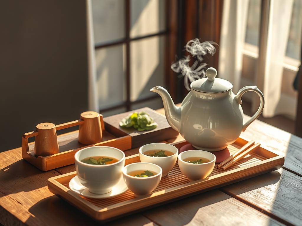 Prompt A serene scene of brewing jasmine tea, sunlight streaming through a window illuminating a delicate porcelain teapot and matching cups. The tea leaves unfurl gracefully in the steaming water, releasing their fragrant aroma. Wooden tea utensils and a bamboo tray are arranged neatly on a simple, rustic table. The lighting is soft and natural, casting warm, diffused shadows that create a sense of tranquility. The overall atmosphere is one of quiet contemplation, inviting the viewer to pause and savor the ritual of preparing the perfect cup of jasmine tea.