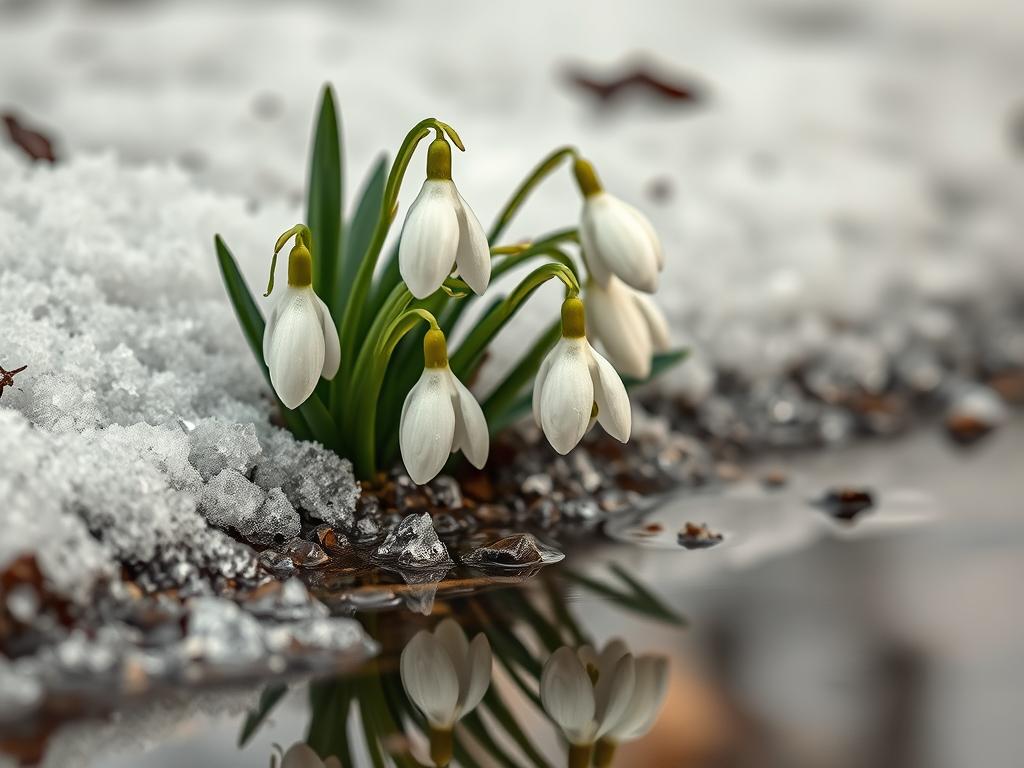 Snowdrop bridges botany drama: a delicate winter bloom emerging through the snow, petals unfurling like a theatrical scene. Close-up macro view, soft natural lighting from above, shallow depth of field to focus attention. Snowdrops clustered together, the flowers reflected in a tranquil puddle below, a visual metaphor for the interplay of nature and human emotion. Muted, elegant color palette of white, green, and earthy tones. Sense of quiet wonder, the snowdrops evoking a moment of poetic pause amidst the colder season.