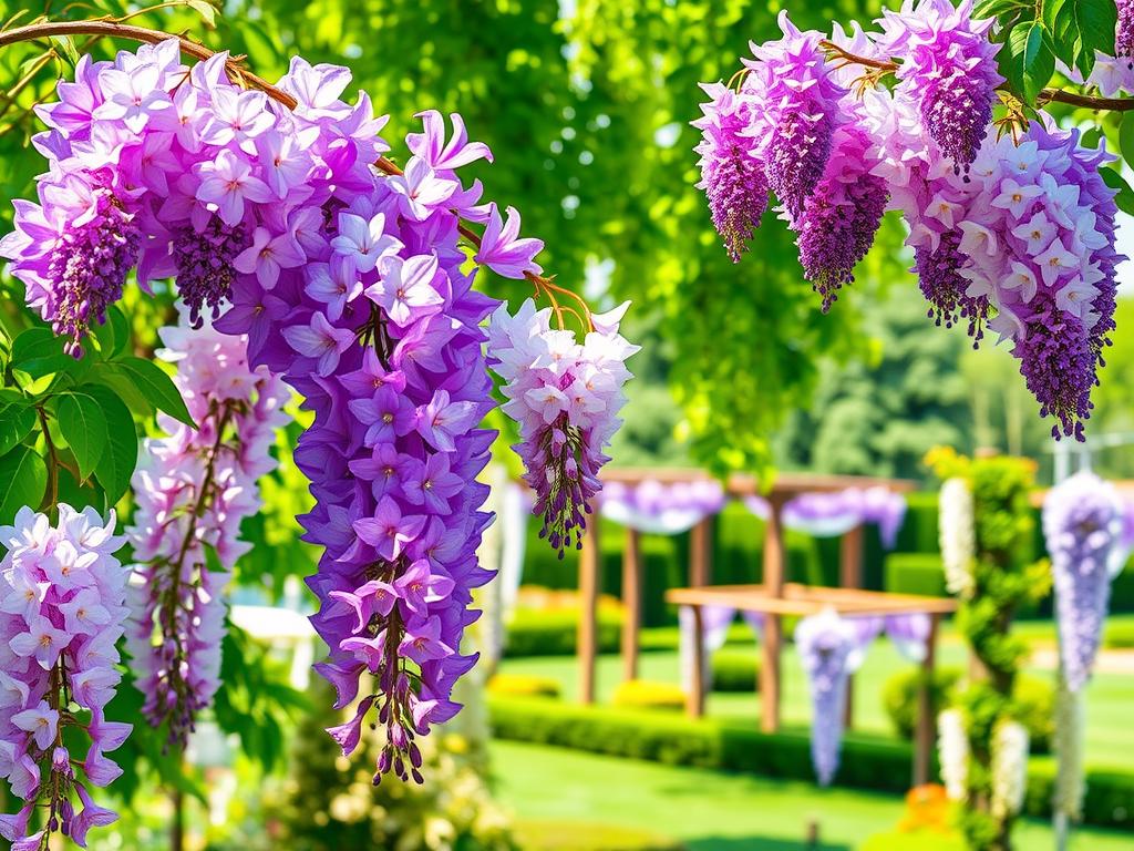 Wisteria species comparison: a vibrant display of cascading lilac and white blooms against a lush green backdrop. In the foreground, three distinctive wisteria cultivars - Japanese, Chinese, and American - showcase their unique floral arrangements and growth habits, captured under soft, natural lighting. The middle ground features a well-manicured garden setting, with carefully pruned wisteria vines climbing trellises and pergolas. In the background, a tranquil, sun-dappled landscape sets the scene, inviting the viewer to imagine the sights and scents of a flourishing wisteria-filled garden.