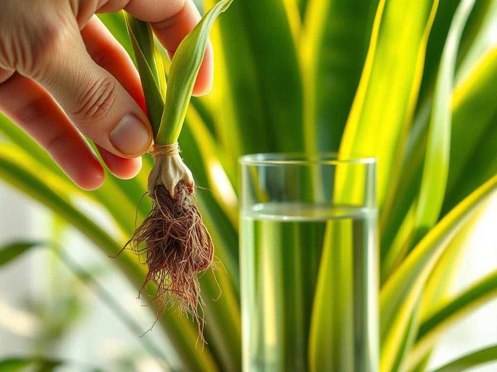 a highly detailed, photorealistic image of snake plant propagation. in the foreground, a hand carefully removing a snake plant pup from the main plant, revealing the roots. in the middle ground, a glass container filled with water, ready to root the pup. in the background, lush green foliage of the parent snake plant, with bright, indirect lighting filtering through. the scene is captured with a shallow depth of field, creating a soft, intimate focus on the propagation process. the image conveys a sense of care and attention to detail in the snake plant propagation technique.