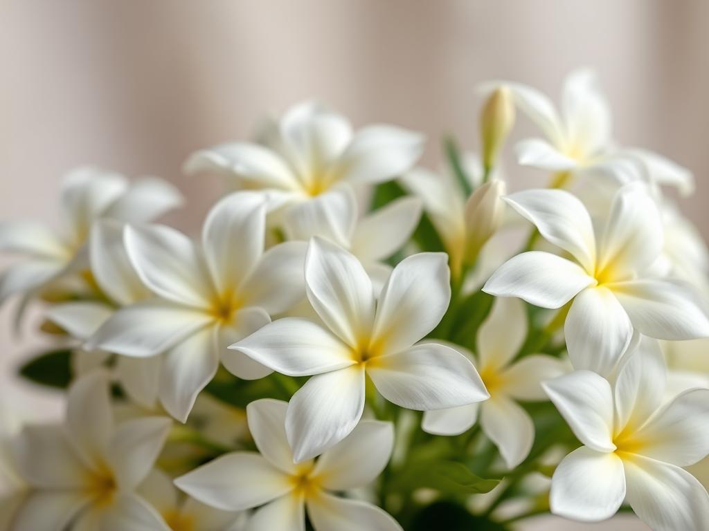 a stunning close-up photograph of a variety of jasmine flowers in full bloom, arranged neatly and artfully against a soft, blurred background. the flowers are captured in natural, diffused lighting, showcasing their delicate, creamy white petals and their captivating, sweet fragrance. the composition is balanced and visually appealing, with the flowers occupying the majority of the frame and filling it with their natural beauty. the depth of field is shallow, allowing the viewer to focus on the intricate details of the blooms while the background fades into a serene, out-of-focus softness. the overall mood is one of tranquility and elegance, perfectly suited to illustrate the calming and restorative properties of jasmine tea.